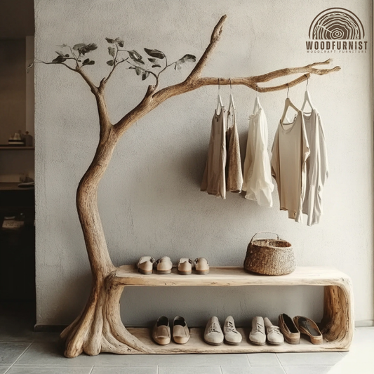 Handcrafted Tree Hanger With Bench Solid Wood Branch Clothing Rack For Entryway Bedroom