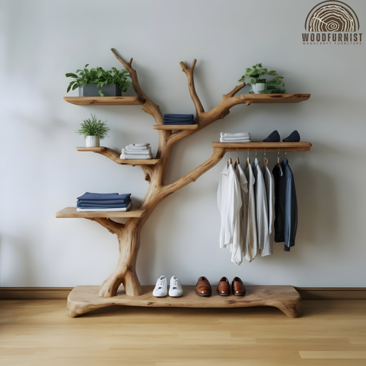Handcrafted Sculptural Tree Hanger- Solid Wood Multifunctional Coat Rack & Organizer