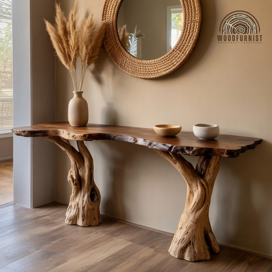 Live Edge Console Table – Handmade Solid Wood Entryway Table with Natural Tree Base WFNED0172