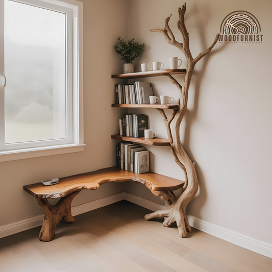 Tree Shelf Bench Combo – Wooden Kids Bookshelf with Seating for Cozy Corner