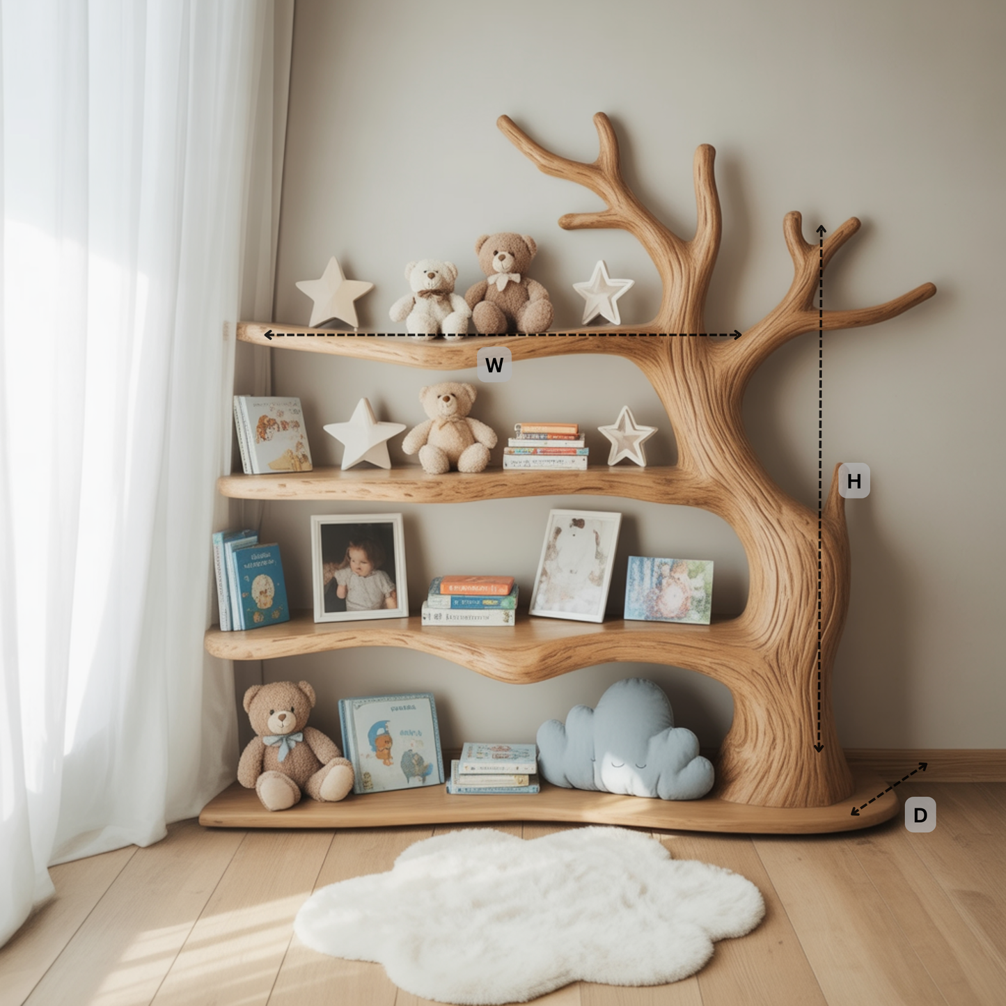 Sculptural Tree Branch Solid Wood Nursery Shelf – Organic Kids Room Corner Decor
