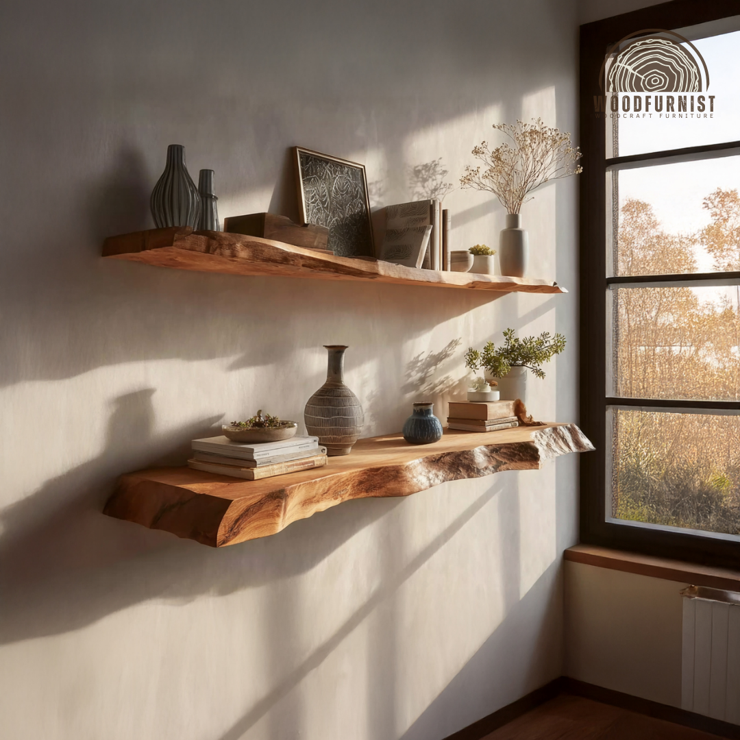 Rustic Live Edge Wooden Wall Shelf – Handmade Floating Shelf for Plants & Books WFNED0154