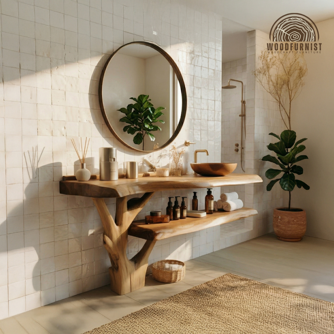 Handcrafted Sculptural Live Edge Solid Wood Floating Bathroom Vanity