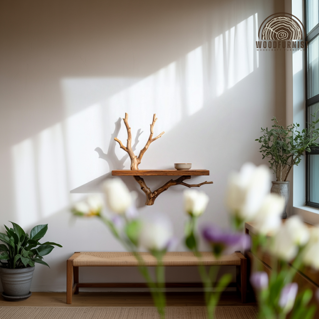 Branch Floating Shelf – Handmade Solid Wood Wall Shelf – Natural Rustic Home Decor by Woodfurnist WFNED0121