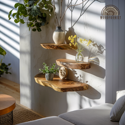 Solid Wood Live Edge Floating Shelves – Artisan Handmade Wall Display – Natural Rustic Home Decor