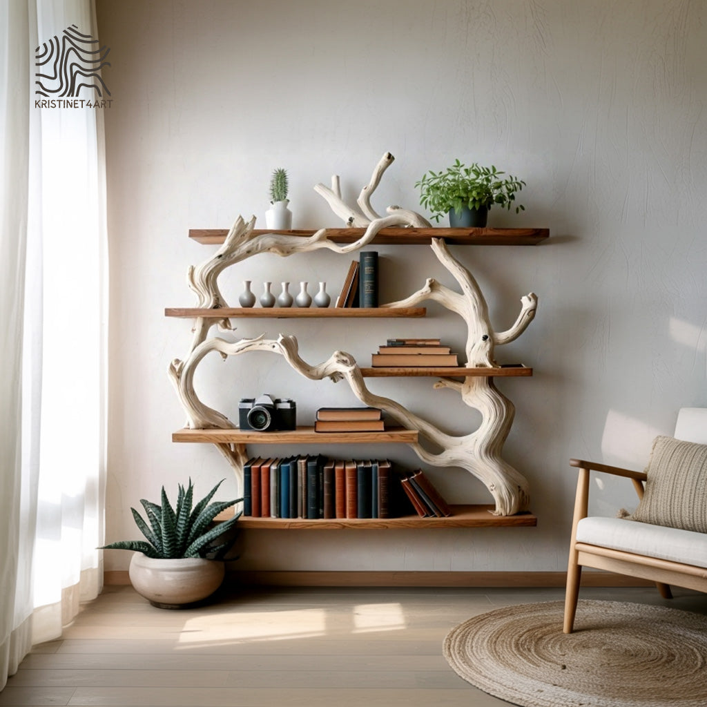 Rustic Tree Shaped Wooden Bookshelf with Branch Design for Living Room Christmas Decoration