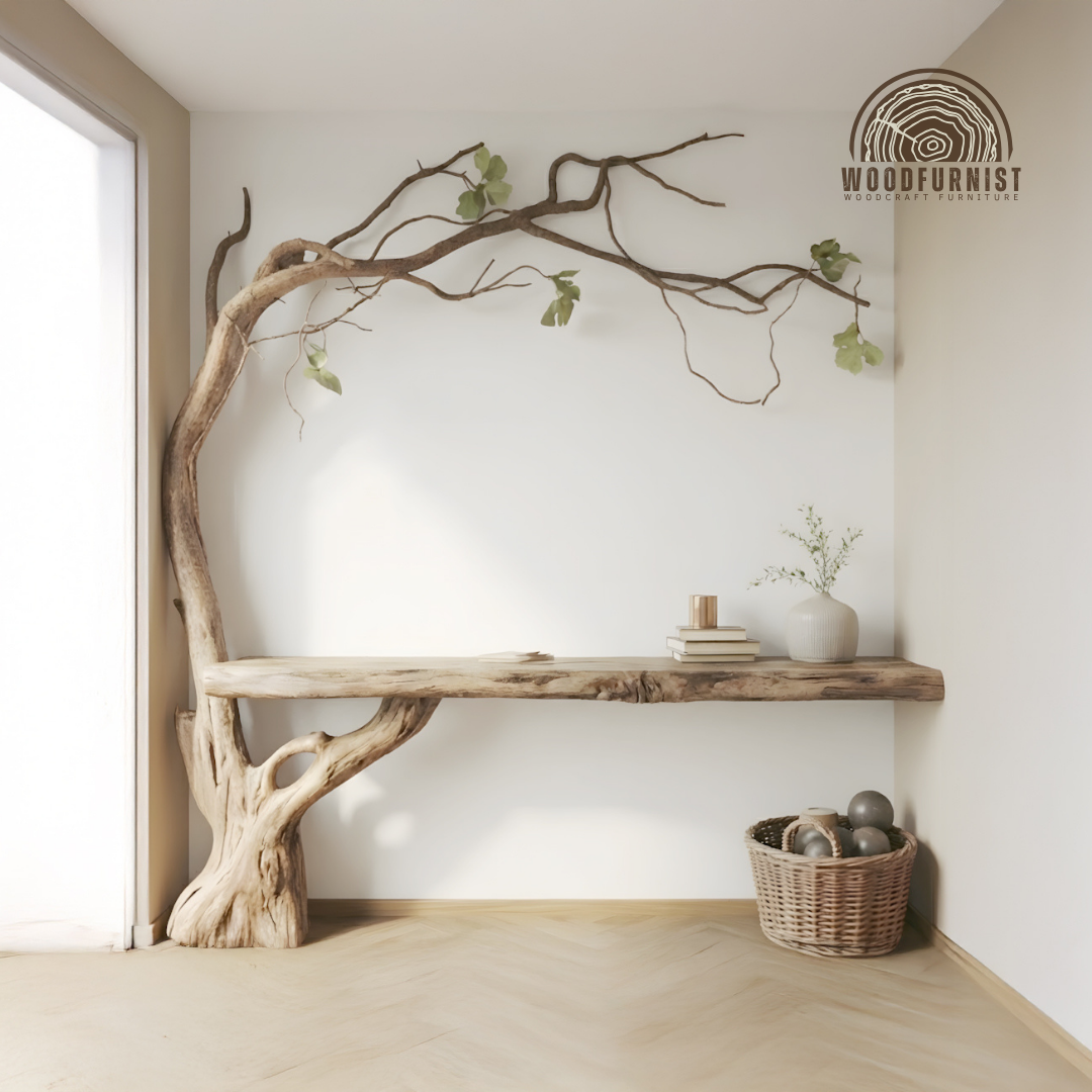 Organic Tree Console Table – Handcrafted Solid Wood Live Edge Wall Shelf