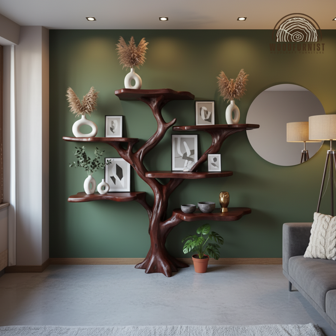 Tree Bookshelf – Handmade Wooden Tree Shelf, Nature-Inspired Branch Bookcase, Unique Wood Furniture by Woodfurnist WFNED0135