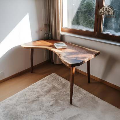 Rustic Sculptural Corner Desk Table, Solid Wood Live Edge Computer Desk