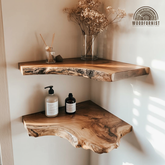 Rustic Live Edge Corner Floating Shelves, Handcrafted Solid Wood Wall Display for Home Décor WFNED0020