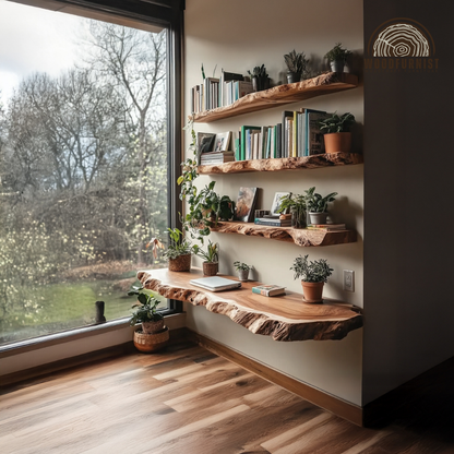 Solid Wood Floating Shelves – Handmade Live Edge Wall Shelves for Workspace