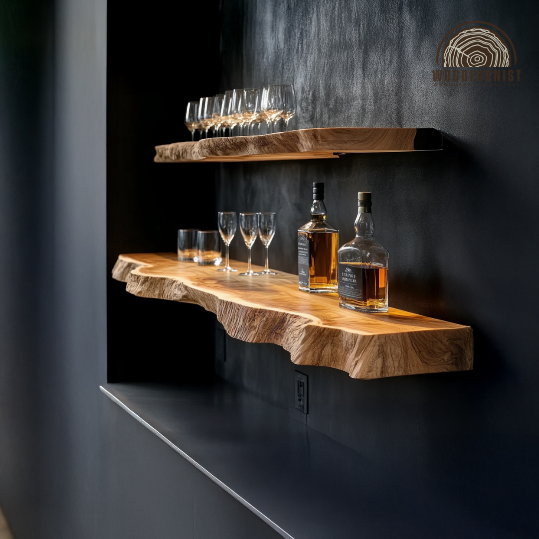 Wooden Floating Bar Shelf – Live Edge Wall Shelf for Whiskey & Glass Display