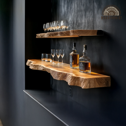 Wooden Floating Bar Shelf – Live Edge Wall Shelf for Whiskey & Glass Display