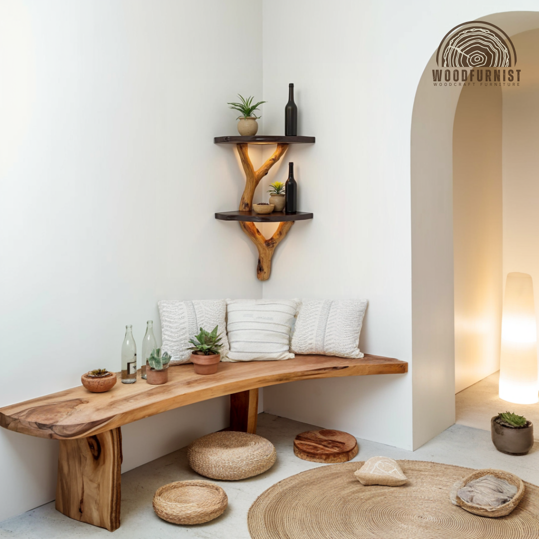 Corner Floating Shelf with LED – Handmade Branch Wood Wall Shelf – Rustic Modern Home Decor by Woodfurnist WFNED0114