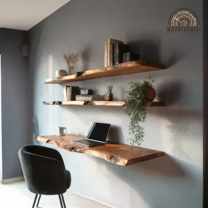Live Edge Floating Desk – Solid Wood Wall-Mounted Workspace for Home Office WFNED0173