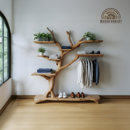 Handcrafted Sculptural Tree Hanger- Solid Wood Multifunctional Coat Rack & Organizer