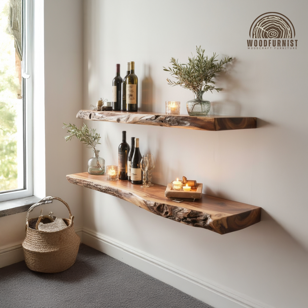 Live Edge Floating Wood Shelves – Handcrafted Solid Wood Wall Shelves for Kitchen, Living Room & Home Decor WFNED0185