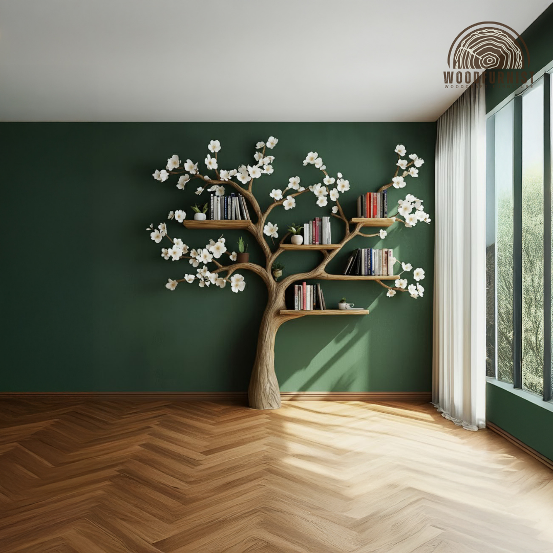 Handcrafted Blossom Tree Bookshelf Wall Shelf – Artistic Wooden Tree Bookcase for Living Room Decor WFNVA0193