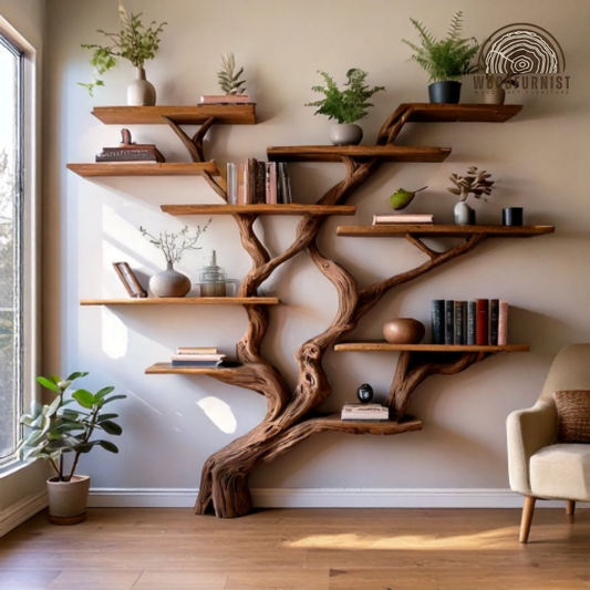 Rustic Driftwood Tree Bookshelf| Handcrafted Natural Wood Shelf for Books, Plants & Home Decor