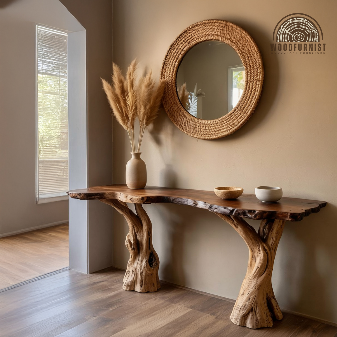 Live Edge Console Table – Handmade Solid Wood Entryway Table with Natural Tree Base WFNED0172