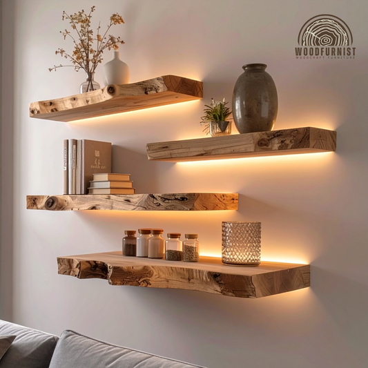 Live Edge Floating Shelves with LED Lights – Handmade Solid Wood Wall Shelves – Modern Rustic Home Decor by Woodfurnist WFNED0120