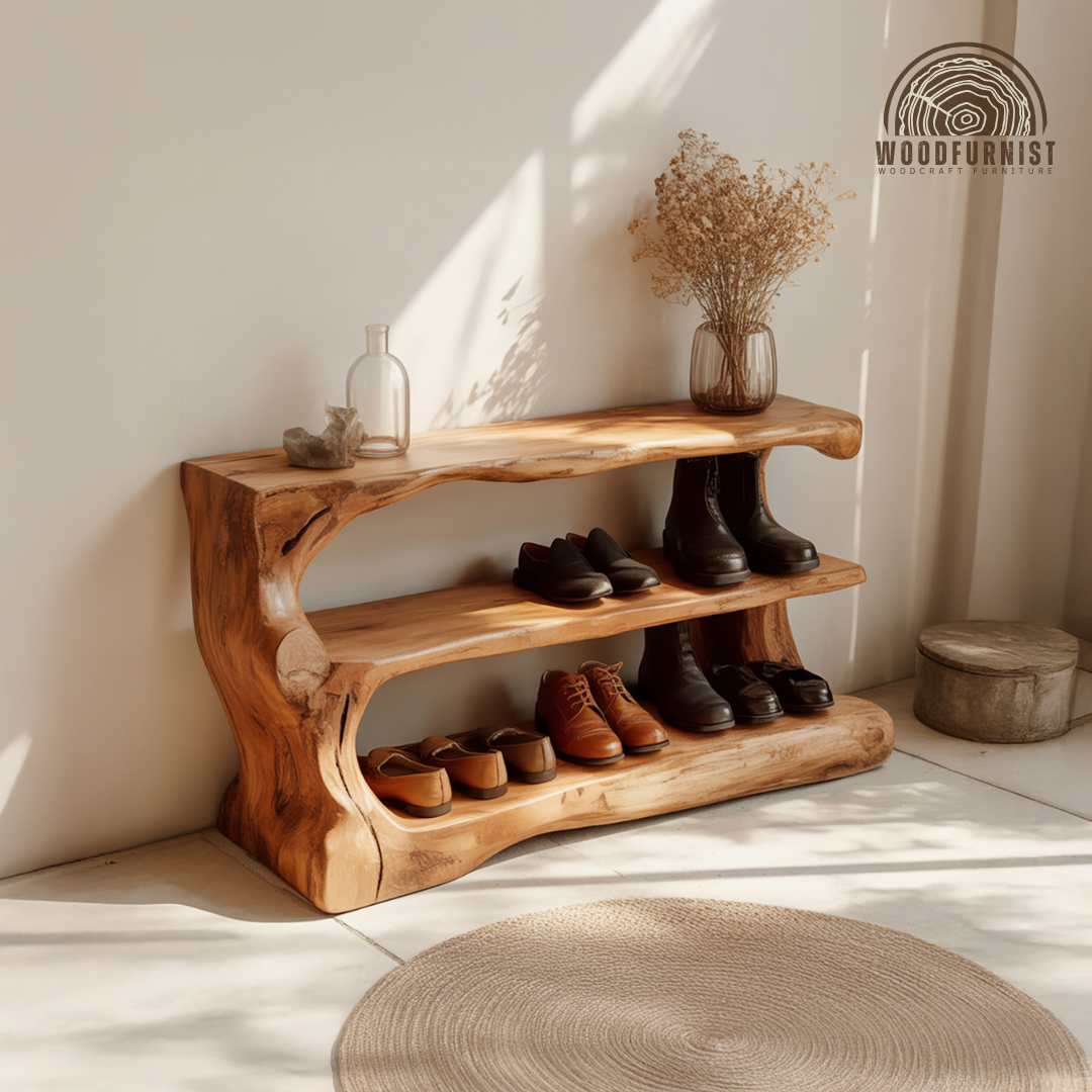 Sculptural Solid Wood Shoe Rack – Organic Storage with Artistic Craftsmanship