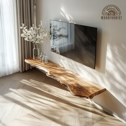 Live Edge Solid Wood Floating TV Stand– Organic Modern Masterpiece