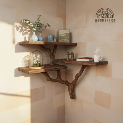 Corner Tree Branch Live Edge Solid Wood Shelf – Sculptural Corner Wall Shelf