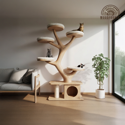 Sculptural Organic Wood Cat Tree – Modern Cat Playground