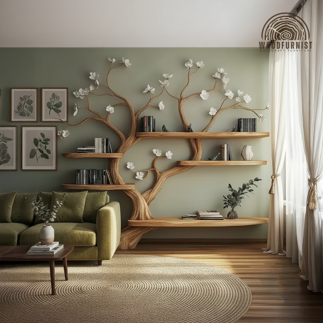 Organic Handcrafted Wooden Tree Bookshelf Wall Shelf – Blossom Branch Bookcase WFNVA0195