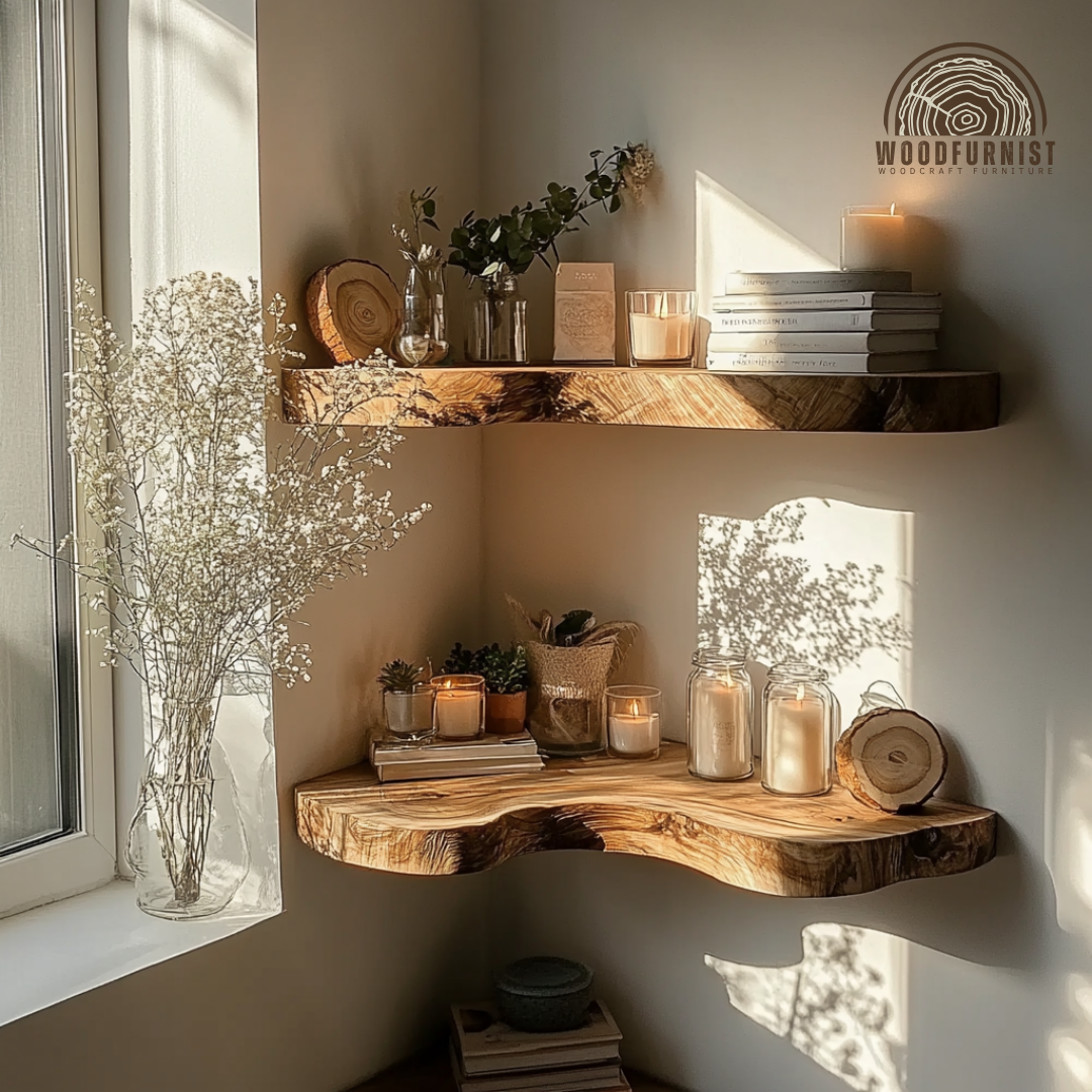 Live Edge Corner Floating Shelves - Handmade Solid Wood Wall Shelves for Rustic Home Décor WFNED0022