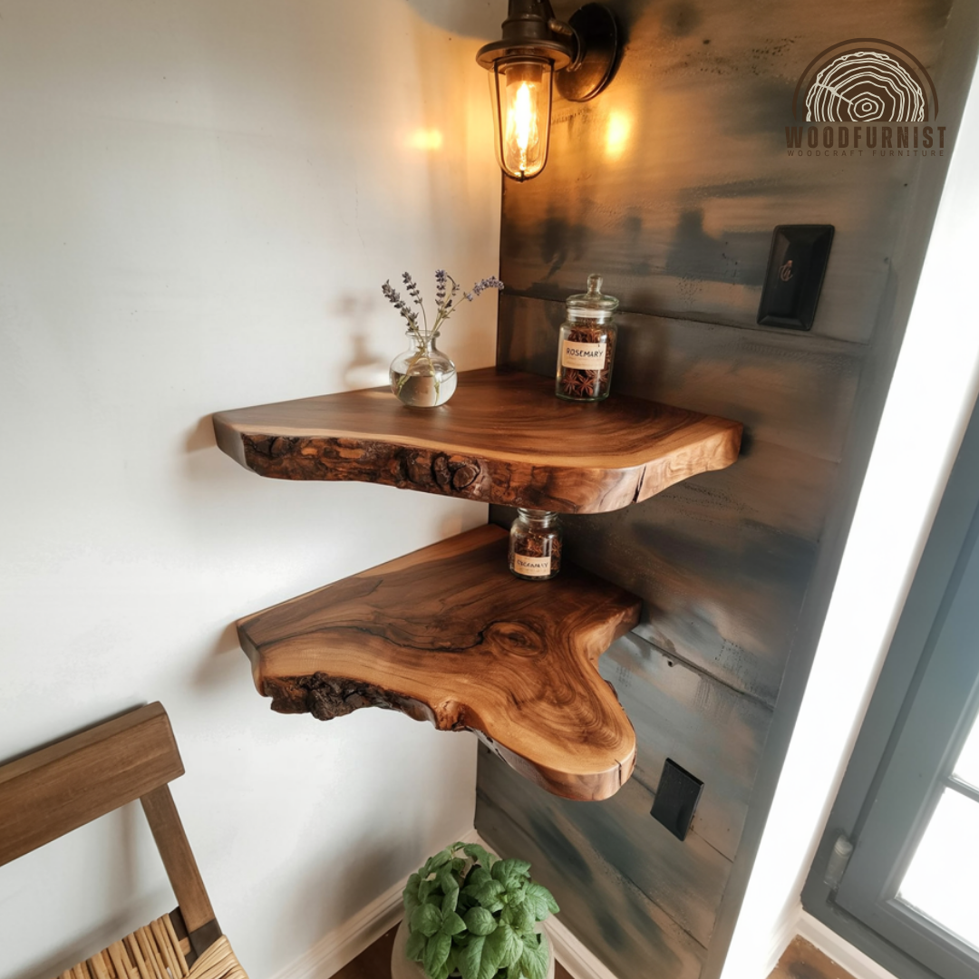 Corner Floating Wooden Shelf – Live Edge Solid Wood Corner Shelf for Rustic Home & Bathroom Decor WFNED0125