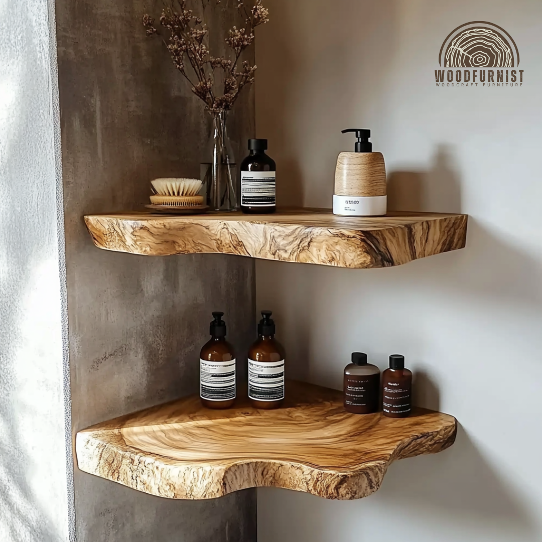 Rustic Live Edge Corner Floating Shelves – Handmade Solid Wood Wall Shelves