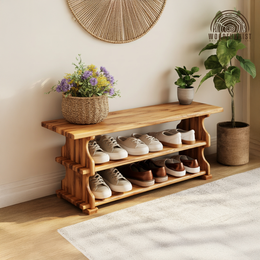 Solid Wood Shoe Bench – Functional Entryway Storage with Timeless Natural Warmth