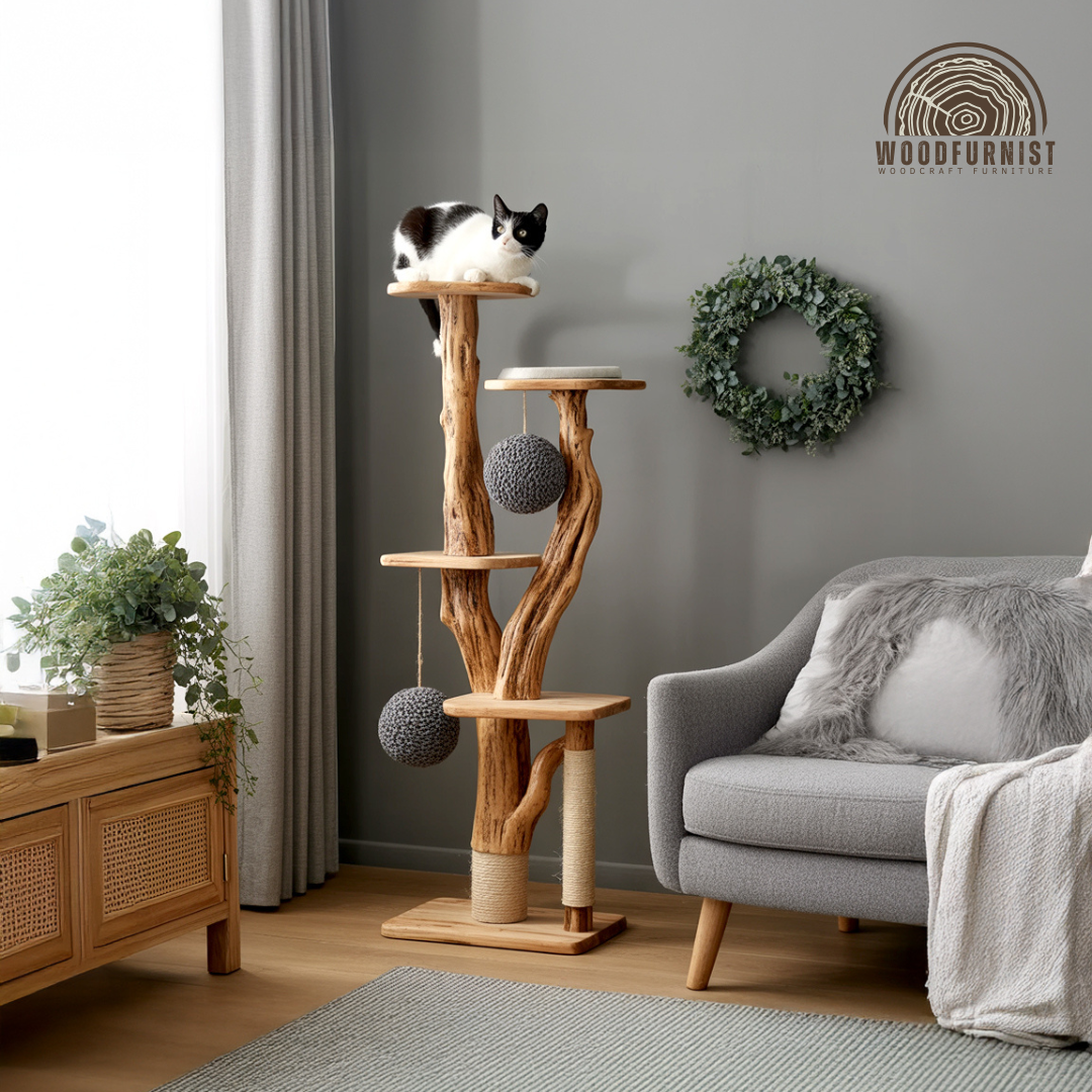 Artistic Live Edge Solid Wood Cat Tree – Elegant Cat Furniture