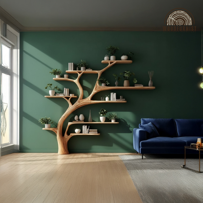 Handcrafted Wooden Tree Bookshelf Wall Shelf with Branch Shelves – Artistic Tree Bookcase Home Decor WFNVA0194