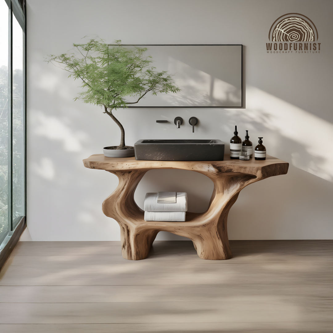Organic Live Edge Solid Wood Bathroom Vanity - Handcrafted Sculpted Base