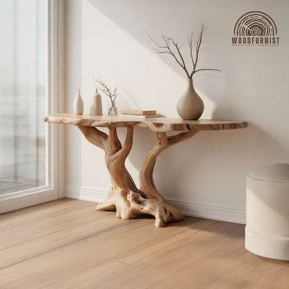 Unique Wood Console Table – Sculptural Tree Root Base Table for Entryway & Living Room