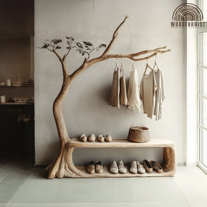 Handcrafted Tree Hanger With Bench Solid Wood Branch Clothing Rack For Entryway Bedroom