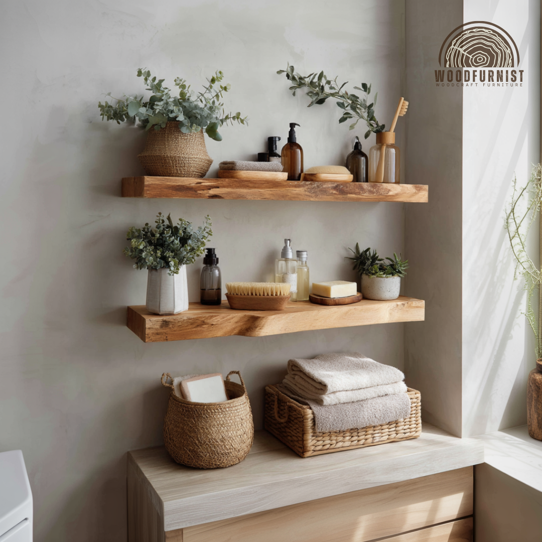 Live Edge Floating Wooden Shelf – Handmade Solid Wood Bathroom & Home Wall Shelf | Woodfurnist WFNED0123