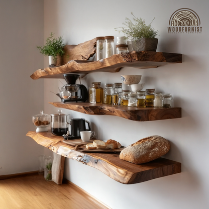 Rustic Live Edge Wall Shelf | Handmade Floating Wooden Shelves for Kitchen & Home Decor WFNED0156