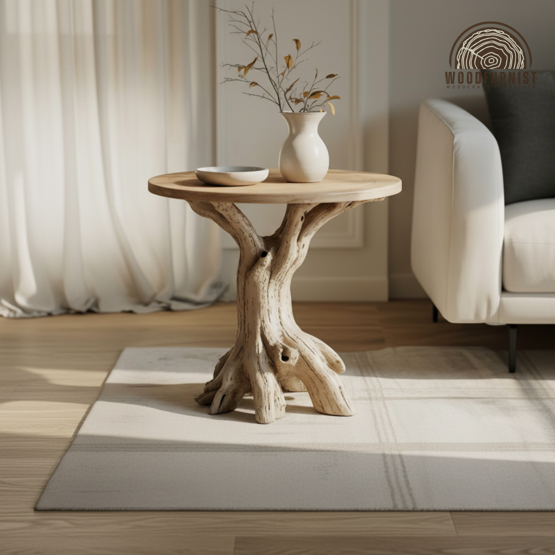 Driftwood Round Side Table – Natural Wood End Table, Handmade Tree Trunk Base, Rustic Organic Furniture WFNED0137