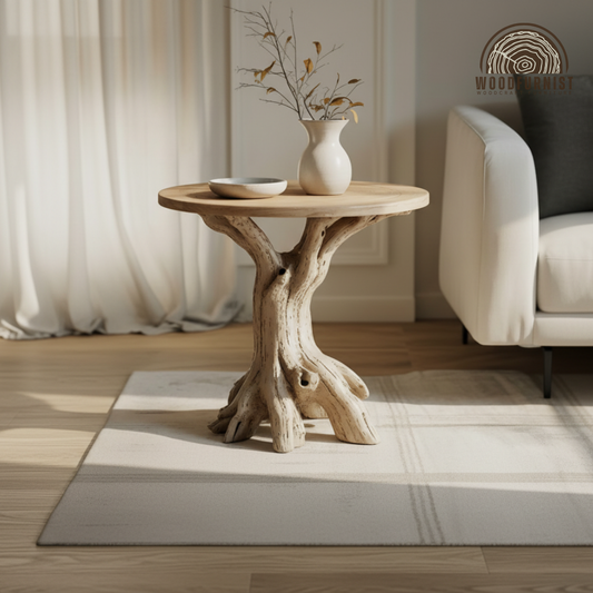 Driftwood Round Side Table – Natural Wood End Table, Handmade Tree Trunk Base, Rustic Organic Furniture WFNED0137