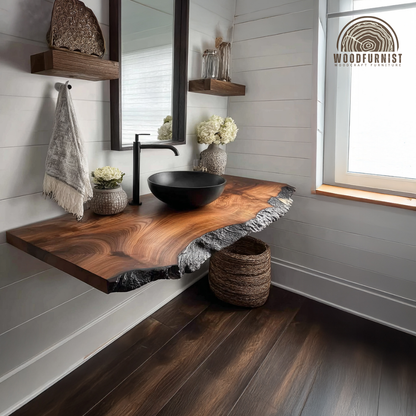 Floating Solid Wood Bathroom Vanity – Live Edge Vanity Top with Organic Modern Design WFNED0167