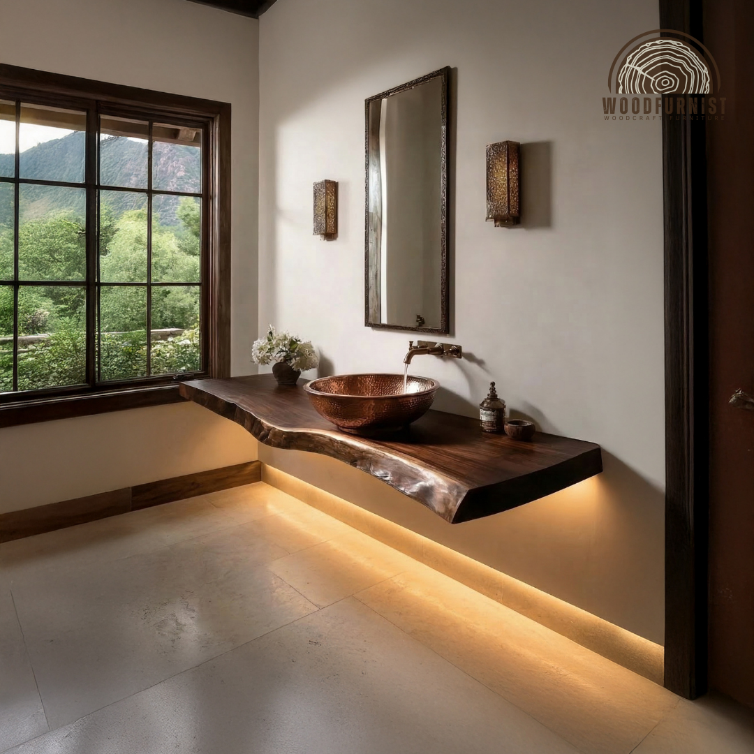 Natural Wood Floating Bathroom Vanity – Statement Live Edge Vanity Design