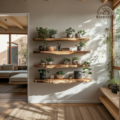 Solid Wood Live Edge Floating Shelves – Handmade Rustic Wall Display – Natural Home Interior Decor WFNED0106