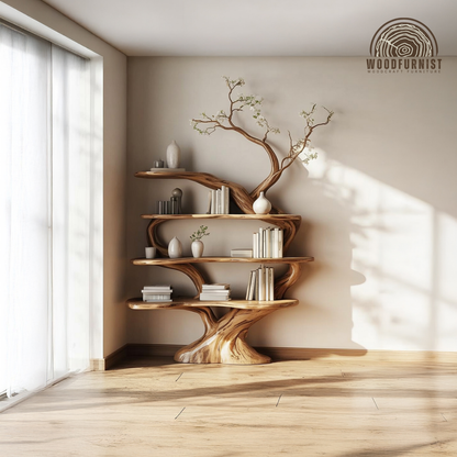 Standing Tree Bookshelf – Handmade Wooden Tree Bookcase with Branch Shelves WFNED0171
