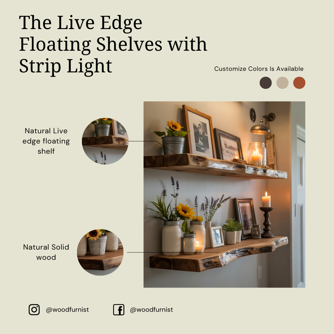 Rustic Live Edge Floating Shelves – Handmade Solid Wood Wall Shelves WFNED0028