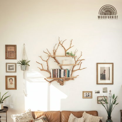 Natural Branch Tree Bookshelf – Handmade Wooden Wall Shelf – Artistic Live Edge Furniture WFNED0110