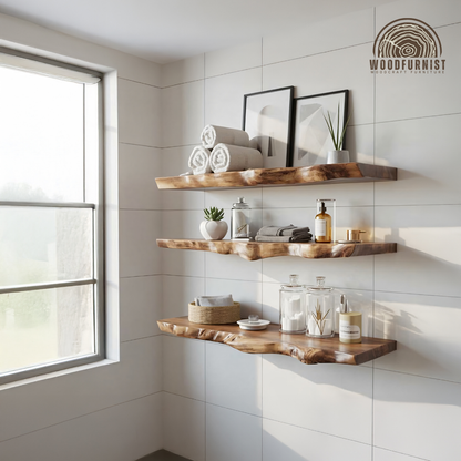 Rustic Live Edge Floating Shelf – Solid Wood Wall Mounted Shelf for Home Decor & Organization WFNED0153